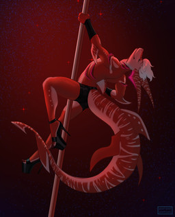 anthro clothing dancing feet fin fingers footwear hair high_heels male platform_footwear platform_heels pole pole_dancing shoes smile solo toes white_hair poofroom aquatic fish shark 2021 digital_media_(artwork) hi_res