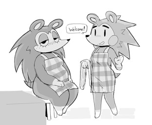 anthro apron apron_only barefoot black_nose breast_size_difference breasts cheek_spots clothing desk dialogue duo eyebrows eyelashes feet female freckled_face freckles furniture gloves_(marking) hair half-closed_eyes holding_clothing holding_object leg_markings long_hair markings medium_breasts mouthless narrowed_eyes overweight overweight_anthro overweight_female quill_hair short_tail sitting small_breasts smile smiling_at_viewer snout socks_(marking) speech_bubble standing stool striped_markings striped_tail stripes table tail tail_markings text thick_eyebrows thick_thighs welcoming drugsandflowers animal_crossing nintendo mabel_able sable_able eulipotyphlan hedgehog mammal 2026 english_text greyscale hi_res monochrome widescreen sibling_(lore) sister_(lore) sisters_(lore)