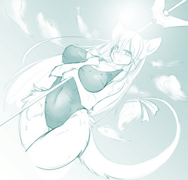 accessory anthro bow_(feature) bow_accessory bow_ribbon breasts clothed clothing cloud female fur furgonomics hair looking_at_viewer melee_weapon one-piece_swimsuit outside polearm ribbons sky smile solo sunny swimwear tail tail_accessory tail_bow tail_ribbon weapon wet larkdraws final_fantasy final_fantasy_ix square_enix freya_crescent burmecian mammal rodent blue_and_white hi_res monochrome