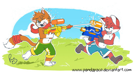 anthro blue_bottomwear blue_clothing blue_shorts bottomwear clothed clothing duo fur gloves_(marking) green_bottomwear green_clothing green_eyes green_shorts hair leg_markings logo male male_anthro markings narrowed_eyes one_eye_closed open_mouth orange_body orange_fur orange_hair playful red_body red_fur red_hair running short_hair shorts socks_(marking) text tongue tongue_out topless toy toy_gun water_gun white_body white_fur young young_anthro young_male pandapaco canid canine fox mammal 2015 artist_logo signature url