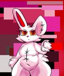 abstract_background anthro doll female front_view navel red_eyes solo stitch_(sewing) thick_thighs tuft white_body yellow_eyes gomugyu 2spot_studio bloody_bunny_(series) bloody_bunny animate_inanimate lagomorph leporid living_doll mammal rabbit