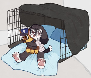 anthro bed_sheet bedding biped black_body bodily_fluids cage clothed clothing eyewear floppy_ears fluffy_ears frown glasses head_tuft hug hugging_object hugging_plushie inside looking_at_viewer male pawpads pillow pink_nose plushie pose shirt shota sitting solo tears topwear tuft wearing_glasses young young_anthro young_male chunkychip paw_patrol chase_(paw_patrol) canid canine canis domestic_dog herding_dog mammal pastoral_dog sheepdog 2025 digital_drawing_(artwork) digital_media_(artwork) hi_res
