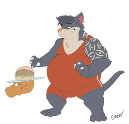 4_fingers 4_toes anthro arm_tattoo barefoot belly big_belly black_body black_fur black_hair bodily_fluids burger chest_tuft claws clothed clothing disembodied_hand drool_on_face drooling ear_piercing ear_ring eyebrow_piercing facial_piercing fangs feet fingers food fur hair hungry inner_ear_fluff looking_at_food looking_at_object male male_anthro musclegut muscular muscular_anthro muscular_male offering_food orange_body overweight overweight_anthro overweight_male piercing plate red_clothing red_sportswear ring_piercing saliva simple_background solo sportswear standing tail tattoo teeth teeth_showing thick_thighs toes tuft whiskers white_background white_claws wrestler wrestler_costume wrestling_outfit canson kotarocat domestic_cat felid feline felis mammal digital_media_(artwork) english_description hi_res story story_in_description