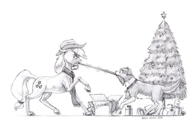 box cartoon_freckles christmas_tree clothing collar container cowboy_hat cutie_mark duo female feral freckled_face freckles gift_box hat headgear headwear holidays legwear motion_lines plant scarf stockings tail tree tug_of_war baron_engel christmas friendship_is_magic hasbro my_little_pony applejack_(mlp) winona_(mlp) canid canine canis domestic_dog earth_pony equid equine horse mammal pony hi_res