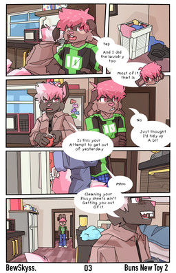 anthro arm_tuft clothed clothing dialogue elbow_tuft facial_tuft female freckled_face freckles kitchen male male/female roleplay text tuft bewskyss canid canine lagomorph leporid mammal rabbit absurd_res comic english_text hi_res