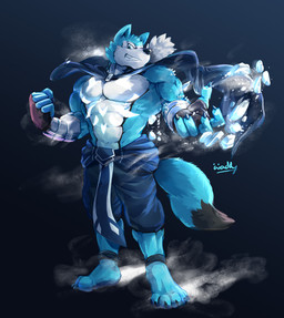 5_fingers 5_toes abs anthro biceps black_nose clothed clothing feet fingers fur looking_at_viewer male muscular muscular_anthro muscular_male pecs simple_background solo toes waddledox canid canine mammal 2018 absurd_res hi_res