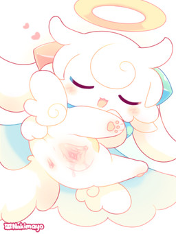 anus blush bodily_fluids cape clitoris clothing eyes_closed female feral fluffy fluffy_tail fur genital_fluids genitals gradient_background heart_symbol humanoid_genitalia humanoid_genitalia_on_feral humanoid_vulva humanoid_vulva_on_feral presenting simple_background smile solo spread_anus spread_vulva spreading tail urethra vaginal_fluids vulva white_body white_fur wings nakimayo devil_connection makemon kupyadel_(makemon) angel unknown_species 3:4 digital_drawing_(artwork) digital_media_(artwork) hi_res