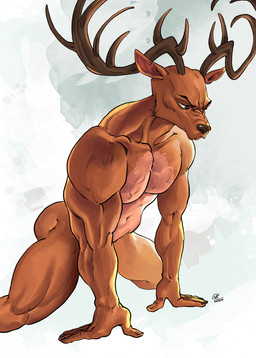 5_fingers anthro antlers black_nose brown_body brown_fur butt fingers fur horn humanoid_hands kneeling male muscular muscular_anthro muscular_male navel nude nude_anthro nude_male solo karina.gk beastars louis_(beastars) cervine deer mammal red_deer 2026 hi_res signature