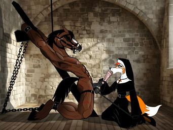 anthro bound chain chained dominant dominant_female duo female licking male male/female nun submissive submissive_male tongue setmann123 canid canine equid equine fox horse mammal hi_res