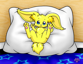 big_ears feral fur looking_at_viewer lying_on_pillow male no_genitals nude pillow reclining solo spread_legs spreading yellow_body yellow_fur twotails sparkz domestic_cat felid feline felis hybrid lagomorph leporid mammal rabbit hi_res