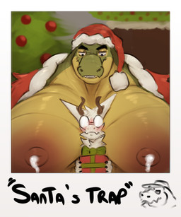 anthro bodily_fluids clothing duo gift hat headgear headwear holidays hyper lactating looking_down male male/male male_lactation pecs size_difference sad_tomato christmas mythology salvador_(gator) todd_(sad_tomato) alligator alligatorid crocodilian dragon mythological_creature mythological_scalie reptile scalie absurd_res hi_res busty_boy_(lore) male_(lore)