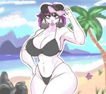 anthro beach big_breasts bikini bikini_bottom bikini_top black_hair breasts clothing ear_piercing ear_ring eyewear facial_piercing female glasses hair nose_piercing nose_ring piercing purple_eyes ring_piercing septum_piercing septum_ring solo swimwear tongue tongue_out two-piece_swimsuit white_body bleez_art tai_(zak_hitsuji) bovid caprine goat mammal absurd_res hi_res