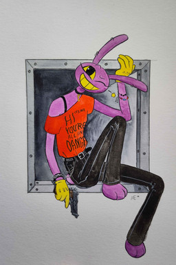 anthro clothed clothing female gun ranged_weapon smile smiling_at_viewer solo weapon mothmans-mothballs glitch_productions the_amazing_digital_circus jax_(tadc) lagomorph leporid mammal rabbit absurd_res hi_res traditional_media_(artwork) trans_(lore) trans_woman_(lore)