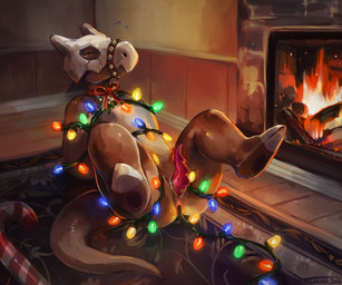 anal anal_penetration animal_genitalia anthro bdsm bell bell_collar bodily_fluids bondage bone bone_mask bound butt candy candy_cane christmas_decorations christmas_lights collar dessert erection eyes_closed fire fireplace food genital_slit genitals hands_behind_back improvised_sex_toy inside legs_up lying male mask nude on_back on_ground penetration penis rug skull skull_mask solo string_light_bondage string_lights tail tears wood furikake nintendo pokemon fan_character toto_(totodice1) cubone generation_1_pokemon pokemon_(species) 2016