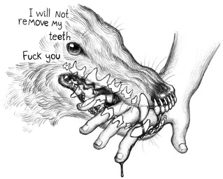 ambiguous_gender bite blood bodily_fluids duo eyelashes feral fur teeth text whiskers x-ray_view ink-the-artist borzoi canid canine canis domestic_dog human hunting_dog mammal sighthound 2024 english_text hi_res monochrome traditional_media_(artwork)