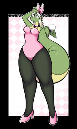 anthro black_border blonde_hair blue_eyes border bow_tie breasts bunny_costume claws clothing costume fake_ears fake_rabbit_ears fake_rabbit_tail fake_tail female finger_claws footwear freckled_face freckles green_body green_scales hair halloween_costume high_heels holding_own_tail holding_tail holidays lipstick long_hair long_tail makeup medium_breasts non-mammal_breasts outline pattern_background pink_background pink_bow_tie pink_clothing pink_footwear pink_high_heels playboy_bunny_logo playboy_outfit purple_lipstick scales shoes simple_background solo standing tail text thick_tail thick_thighs white_outline yellow_body yellow_scales shyguy9 halloween mythology playboy sophie_(shyguy9) dragon mythological_creature mythological_scalie scalie 3:5 artist_name english_text hi_res