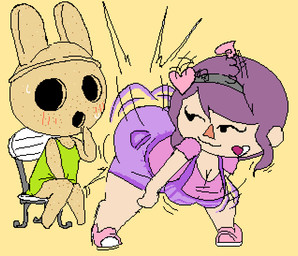 accessory afterimage ambiguous_anthro ambiguous_gender anthro bent_arm bent_legs bent_over big_breasts black_eyes blush blush_lines bodily_fluids bouncing_breasts breasts chair cleavage closed_smile clothed clothed_ambiguous clothed_anthro clothed_female clothed_human clothing dress duo empty_eyes eyelashes facial_tattoo featureless_feet featureless_hands feet female female_human footwear fully_clothed fully_clothed_female fully_clothed_human furniture green_clothing green_dress hair hand_on_crotch hanging_breasts head_turned headband heart_symbol hollow_eyes impact_lines legs_together light_body light_skin looking_at_another looking_back looking_back_at_another monotone_body monotone_clothing monotone_dress motion_lines mouth_closed noseless on_chair open_mouth overalls pink_clothing pink_footwear pink_shoes purple_clothing purple_hair purple_overalls purple_shirt purple_topwear shirt shoes simple_background simple_eyes sitting sitting_on_chair smile sweat sweatdrop tan_back tan_body tattoo thick_thighs topwear triangle_nose twerking white_chair wide_hips yellow_background grorby animal_crossing nintendo coco_(animal_crossing) gyroid human lagomorph leporid mammal rabbit 2025 aliasing digital_media_(artwork) flat_colors pixel_(artwork) female_(lore)