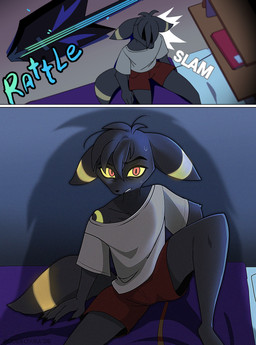 anthro anthrofied black_body bodily_fluids glowing glowing_eyes male markings pokemorph red_eyes shadow sweat sweatdrop text yellow_markings yellow_sclera odeko-yma nintendo pokemon pokemon_mystery_dungeon spike_chunsoft lucky_(odeko-yma) eeveelution generation_2_pokemon pokemon_(species) umbreon 2026 absurd_res comic digital_media_(artwork) english_text hi_res signature
