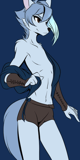 anthro armor blue_clothing blue_hair bottomwear brown_eyes clothed clothing curious femboy feminine hair happy looking_at_viewer magic_user male relaxing robe shorts slim solo suggestive teasing topless topless_male undressing snowiefeather kusp_cusp_(riverred) canid canine canis fox hybrid mammal wolf 2025 alpha_channel digital_media_(artwork) hi_res