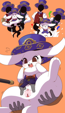 anus bestiality biped bipedal_feral bow_tie brown_eyes carrying_another clitoris clothing disembodied_hand female female_feral feral front_view fur fur_tuft genitals group hat headgear headwear neck_tuft orange_background paws purple_clothing purple_hat purple_headwear purple_topwear scut_tail short_tail simple_background spread_vulva spreading tail top_hat topwear trio tuft urethra vest vulva white_body white_fur crepix yu-gi-oh! silhouhatte_rabbit duel_monster lagomorph leporid mammal rabbit spirit 2025 4:7 cel_shading digital_drawing_(artwork) digital_media_(artwork) hi_res sequence shaded