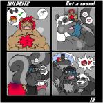 anthro anthro_on_anthro bear beard bed biceps big_muscles blush body_hair chest_hair clothed clothing comic dialogue eyes_closed facial_hair felid furniture giant_panda group kissing lion male male/male mammal mask mephitid muscular muscular_male nipples pantherine pecs rubberbuns skunk the_whiff topless wildfire_(rubberbuns)