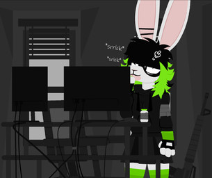 accessory anthro bottomwear clothing computer_keyboard computer_monitor computer_mouse female fingerless_gloves gloves green_hair hair hair_accessory hairpin handwear licking piercing skirt solo standing tongue weapon dog_brained eddy_(dog_brained) lagomorph leporid mammal rabbit digital_media_(artwork) hi_res