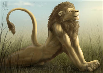 animal_genitalia anthro biped body_hair casual_nudity chest_tuft day detailed_background fully_sheathed fur genitals grass happy_trail lying male mane morning naked_yoga nude on_front outdoor_nudity outside peaceful plant pubes raised_tail relaxing savanna sheath sky smile solo stretching tail tail_tuft thin_tail tuft yellow_body yellow_fur yoga zenthetiger felid lion mammal pantherine 2009 digital_media_(artwork) digital_painting_(artwork) painting_(artwork) shaded soft_shading