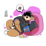 anthro belly black_nose brown_body brown_fur bulge clothing dessert doughnut food fur hoodie male navel overweight overweight_anthro overweight_male pastry solo text tongue tongue_out topwear underwear cvictorrosso bear mammal 1:1 2020 english_text hi_res