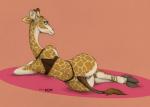 2019 anthro anus big_butt bottomless butt clothed clothing ecmajor eyelashes feet female fur genitals giraffe giraffid hi_res hooves long_neck looking_back mammal pussy simple_background smile solo tail third-party_edit toes underhoof wide_hips