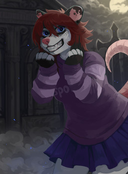 4_fingers anthro black_hair blue_bottomwear blue_clothing blue_eyes blue_skirt bottomwear cemetery clothing female fingers freckles hair happy moon purple_clothing purple_sweater purple_topwear red_hair sharp_teeth skirt smile solo spoopy sweater teeth tombstones topwear corzh77 molly_(spoopy_after_dark) american_opossum mammal marsupial virginia_opossum 2018 digital_drawing_(artwork) digital_media_(artwork) digital_painting_(artwork) hi_res painting_(artwork)