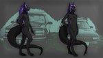 anthro black_body digitigrade front_view furry_body hair long_hair long_tail male purple_eyes purple_hair side_view solo_focus tail drqube mythology animal_humanoid dragon dragon_humanoid humanoid mythological_creature mythological_scalie scalie