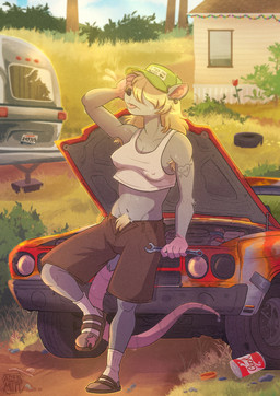 anthro arm_tattoo armpit_hair blep blonde_hair body_hair bottomwear breasts car car_hood clothing crop_top crotch_lines crotch_tuft female footwear fur grey_body grey_fur hair hair_over_eyes hairless_tail happy_trail hat headgear headwear holding_object holding_tool holding_wrench mechanic midriff nipple_outline pube_peek pubes sandals shirt shoes shorts socks socks_with_sandals solo tattoo tomboy tongue tongue_out tools topwear torn_clothing torn_footwear torn_socks trucker_hat tuft vehicle wrench alien_mutt american_opossum mammal marsupial absurd_res hi_res