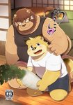 anthro blue_eyes blush bottomwear brown_body brown_fur clothing cute_fangs duo eyewear fangs food fur glasses kemono male overweight overweight_male shirt shorts sitting teeth topwear young hinami canid canine canis domestic_dog felid lion mammal pantherine 2016