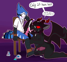 after_transformation anthro anthro_on_anthro arms_tied avian_feet balls bat_wings bdsm big_penis black_balls black_body black_feathers black_fur black_hair black_stripes blue_body blue_eyes blue_feathers blush bodily_fluids bondage bottomless bound clothed clothing collar cross cum cum_drip cum_on_chest cum_on_face cum_on_head cum_on_horn cum_on_penis cum_on_tongue cum_on_wings cum_pool cumshot dialogue dipstick_tail dominant dominant_male dripping duo ejaculation erection feathers feet fur genital_fluids genitals hair handjob hands-free holding_object holding_penis holding_sex_toy holding_vibrator horn humanoid_genitalia humanoid_penis interspecies kneeling legs_tied looking_pleasured looking_up male male/male markings membrane_(anatomy) membranous_wings motion_lines multicolored_tail open_mouth orgasm penile penis pink_penis potion purple_background red_eyes red_hair red_sclera restraints rope rope_bondage saliva sex sex_toy simple_background sitting speech_bubble striped_feathers stripes submissive submissive_male tail tail_markings talons tapering_penis text tied_to_chair toes tongue tongue_out topwear vibrator vibrator_on_penis white_body white_clothing white_feathers white_stripes white_topwear wings ultilix azazel_(blissman2020) harley_(amoderatelysizedbird) avian bird blue_jay bovid caprine corvid demon goat jay_(bird) mammal new_world_jay oscine passerine 2020 english_text hi_res