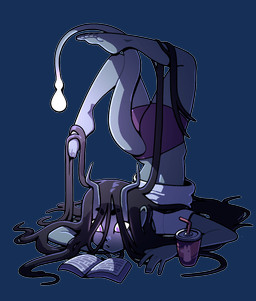 2_horns ambiguous_gender black_hair book container cup feet fingernails glowing glowing_eyes hair horn long_hair nails not_furry solo tail discount-supervillain demon humanoid hi_res