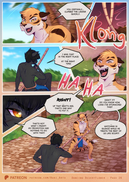 anthro black_body dialogue fight laugh open_mouth speech_bubble striped_body stripes text yellow_eyes rukifox balrass_(rukifox) jarit_(rukifox) canid canine felid mammal pantherine tiger comic english_text hi_res
