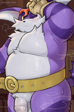 anthro balls belly belt blush bodily_fluids clothing flaccid fur genitals gloves handwear male mostly_nude musk one_eye_closed overweight pecs penis purple_body purple_fur solo sweat yellow_eyes kokosetto sega sonic_the_hedgehog_(series) big_the_cat domestic_cat felid feline felis mammal 2:3 hi_res