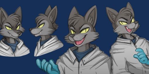 5_fingers anthro big_ears big_eyes biped black_body black_eyebrows black_fur black_nose blue_clothing blue_gloves blue_handwear blue_shirt blue_t-shirt blue_topwear button_(fastener) cheek_tuft clothing eyebrows eyelashes facial_tuft fangs fingers front_view fur gesture gloves grey_body grey_fur grey_inner_ear_fluff handwear head_tuft humanoid_hands inner_ear_fluff looking_at_viewer male medical_gloves narrowed_eyes open_mouth pink_tongue pose pupils shirt side_view simple_background slit_pupils smile smirk smug snaggle_tooth snout solo standing t-shirt teeth tongue topwear transparent_background tuft white_clothing white_lab_coat white_topwear yellow_eyes yellow_sclera hachimakiyaki janusz canid canine canis hybrid mammal wolf wolfdog 2026 alpha_channel digital_drawing_(artwork) digital_media_(artwork) guide_lines half-length_portrait headshot_portrait hi_res portrait shaded