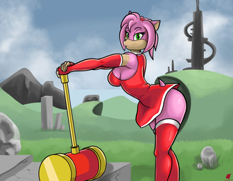 anthro arched_back armwear breasts clothed clothing dress elbow_gloves female gloves hammer handwear landscape legwear maul pose ruins side_boob solo stockings tools wide_hips harkrun sega sonic_the_hedgehog_(series) amy_rose eulipotyphlan hedgehog mammal hi_res pinup