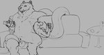 animal_genitalia anthro apode balls belly biped controller cuddling drawing duo fur furniture genitals hair legless lounging male mane mane_hair nude overweight overweight_anthro overweight_male remote_control serpentine sheath sitting slightly_chubby slightly_chubby_anthro slightly_chubby_male sofa table kyain kuruk_(character) kyain_(character) bear brown_bear draconcopode grizzly_bear mammal naga reptile scalie snake ursine hi_res monochrome