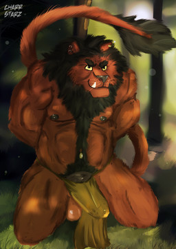 anthro balls bdsm biceps blurred_background bondage bottomwear bound captured clothing detailed_background forest genitals lens_flare loincloth male mane musclegut muscular muscular_anthro muscular_male nipples pecs plant solo thefellion tree tribal charr_starz jagg felid lion mammal pantherine absurd_res hi_res
