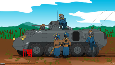 armor clothing dirt forest group gun headgear helmet machine male military military_uniform plant ranged_weapon rifle text tree turret uniform vehicle weapon alvidz avian bird corvid corvus_(genus) crow oscine passerine raven 16:9 colored digital_media_(artwork) english_text hi_res signature widescreen