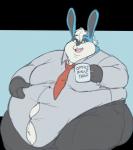 absurd_res anthro belly belly_overhang big_belly big_butt black_body black_fur blue_body blue_fur butt button_(fastener) captainjusticevirtsuoso chubby_cheeks clothed clothing container cup double_chin fur hand_on_belly hi_res holding_container holding_cup holding_object lagomorph leporid love_handles male mammal moobs morbidly_obese morbidly_obese_anthro morbidly_obese_male necktie obese obese_anthro obese_male open_mouth open_smile overweight overweight_anthro overweight_male rabbit smile solo straining_buttons thick_thighs white_body white_fur winston_(roller-2009)