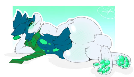 4_toes ambiguous_gender anthro blush butt claws clothing feet fur green_eyes hindpaw looking_at_viewer looking_back lying nude on_side pawpads paws scarf simple_background smile solo teeth toes backsash nintendo pokemon generation_2_pokemon mammal pokemon_(species) typhlosion 2018 digital_media_(artwork) hi_res