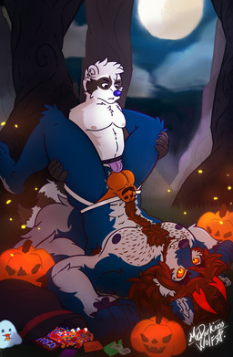 anthro bulge candy clothing dessert duo food glowing glowing_eyes horn jack-o'-lantern male male/male size_difference small_top_big_bottom underwear mrdarknesswolf mythology mrdarknesswolf_(character) roquemapache canid canine canis demon hybrid mammal mythological_canine mythological_creature procyonid raccoon werecanid werecanine werecreature werewolf wolf absurd_res hi_res