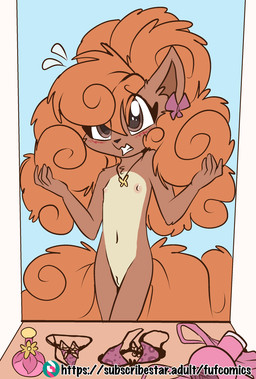 accessory anthro areola biped black_nose blush blush_lines bodily_fluids bow_ribbon bra casual_nudity clenched_teeth clothing countershade_torso countershading female flat_chested fluffy fluffy_tail front_view genitals hair hair_accessory hair_bow hair_ribbon inside jewelry loli long_hair looking_at_mirror looking_at_object looking_at_viewer mirror multicolored_body navel necklace nipples nude panties potion puffy_hair red_body red_hair reflection ribbons solo standing sweat sweatdrop tail teeth two_tone_body underwear vulva white_body young young_anthro young_female fuf nintendo pokemon generation_1_pokemon pokemon_(species) vulpix 2023 hi_res