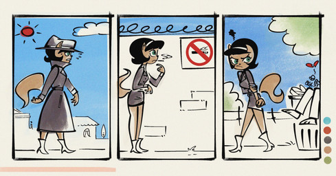 3_panel_comic angry anthro black_hair bodily_fluids boots broken_heart clothing cloud coat container female footwear green_eyes hair hat headgear headwear high_heeled_boots high_heels in_container in_trash leather leather_clothing male no_smoking offscreen_male outside parody plant shoes smoking solo standing sun sweat tail tan_body topwear trash_can tree trenchcoat walking m4nzel jucika nickelodeon t.u.f.f._puppy kitty_katswell domestic_cat felid feline felis mammal 2025 colored comic hi_res restricted_palette