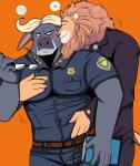 anthro anthro_on_anthro blush bodily_fluids book clothed clothing duo eyes_closed eyewear glasses hand_in_pants hand_on_chest heart_symbol horn male male/male muscular muscular_male orange_background police police_uniform simple_background smile standing sweat uniform bearlovestiger13 disney zootopia chief_bogo leodore_lionheart bovid bovine cape_buffalo felid lion mammal pantherine