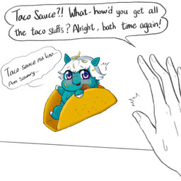 ambiguous_feral ambiguous_gender ambiguous_human baby_talk blue_body blue_fur blush cheese dairy_products dialogue duo feral food food_on_body fur hair hooves i_can't_believe_it's_not_feces meat mostly_offscreen_character open_mouth open_smile purple_eyes smile solo_focus surprised taco text tortilla white_hair white_hooves young young_ambiguous young_feral yellowcottoncandy030 fluffy_pony fluffy_pony_(species) human mammal 1:1 2025 digital_media_(artwork) english_text hi_res