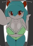 big_breasts bra breasts clothing female green_bra green_clothing green_hair green_panties green_underwear hair locker looking_at_viewer navel not_furry panties red_eyes solo underwear white_body runbasamba nintendo pokemon rui_(sugaru) generation_3_pokemon humanoid kirlia pokemon_(species) shiny_pokemon 2019 hi_res